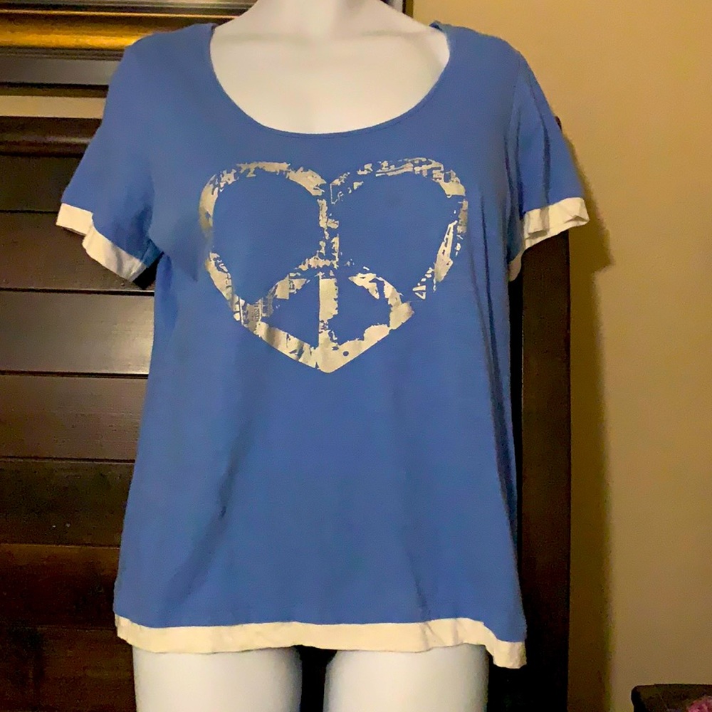 Venus tee-silver peace sign emblem on blue/white- no longer sold on site